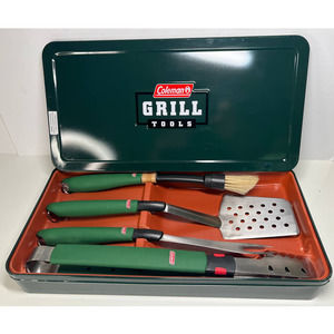Vintage Coleman 4 Piece BBQ Grill Tools - Spatula, Fork, Tongs & Brush Tin Case